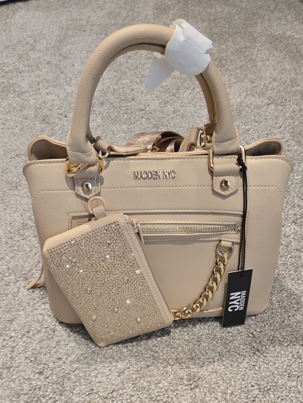 Madden NYC Beige Mini Satchel with Crystal Zip Pouch